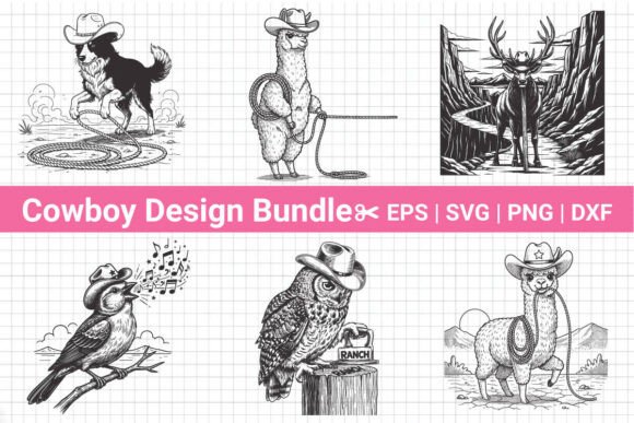 Funny Cowboy Line Art for Cricut Bundle